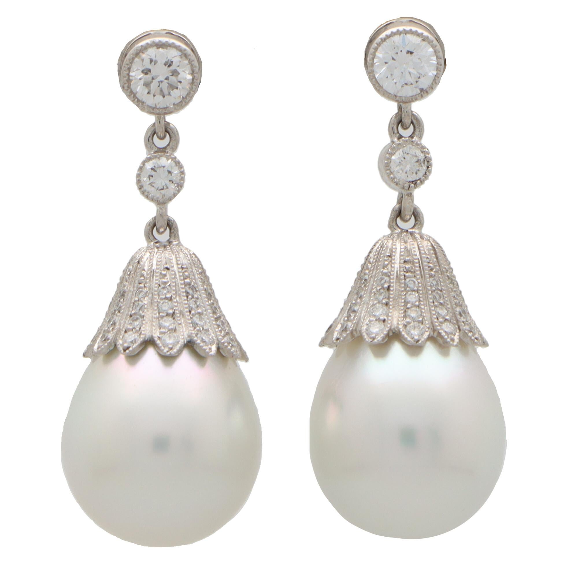 Round Cut Art Deco Inspired Pearl and Diamond Drop Earrings in 18k White Gold