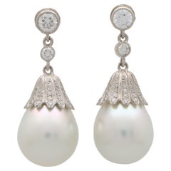 Art Deco Inspired Pearl and Diamond Drop Earrings in 18k White Gold