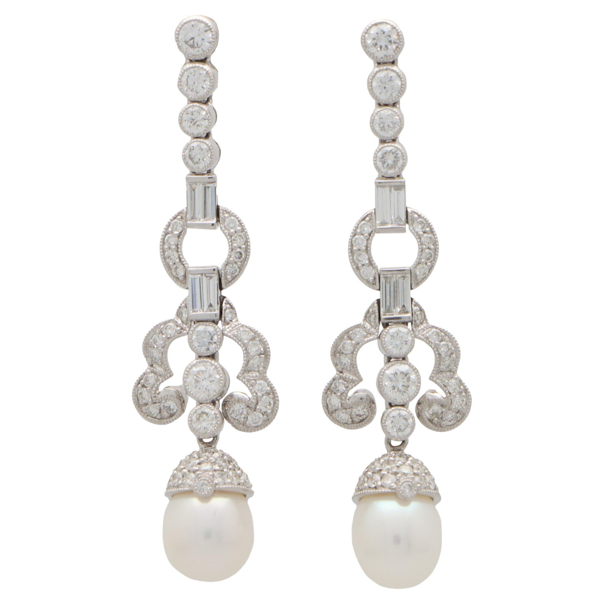 Art Deco Inspired Pearl and Diamond Drop Earrings in Platinum