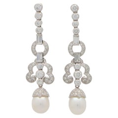 Art Deco Inspired Pearl and Diamond Drop Earrings in Platinum
