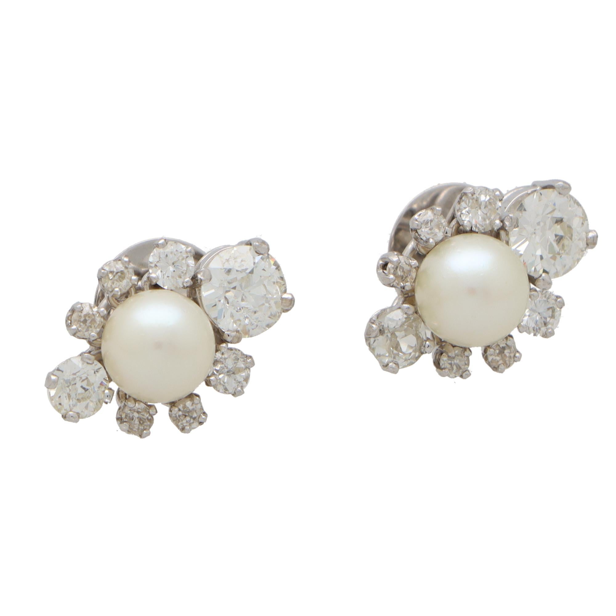 Art Deco Inspired Pearl and Old Cut Diamond Earrings Set in 18k White Gold In Excellent Condition For Sale In London, GB