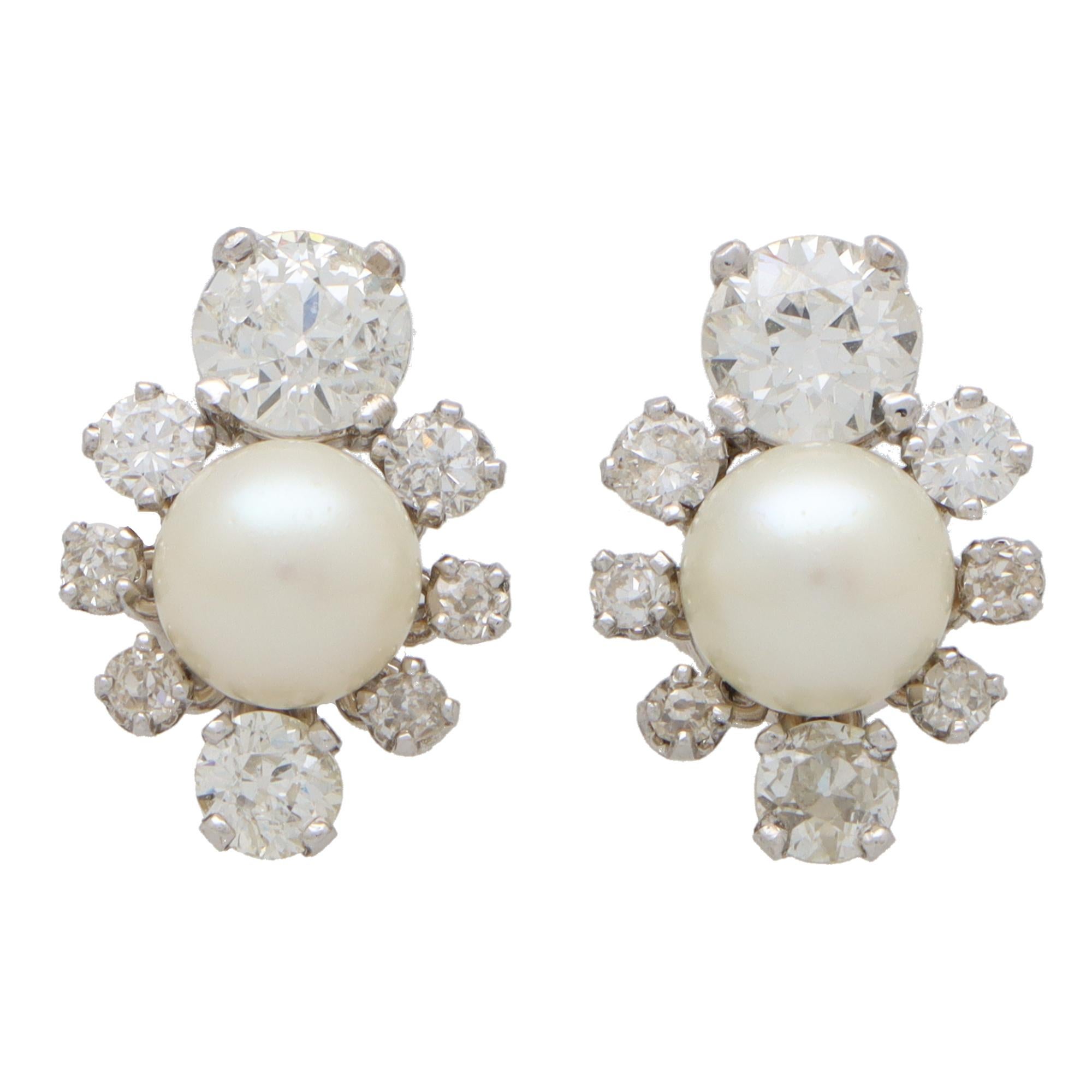 Women's or Men's Art Deco Inspired Pearl and Old Cut Diamond Earrings Set in 18k White Gold For Sale