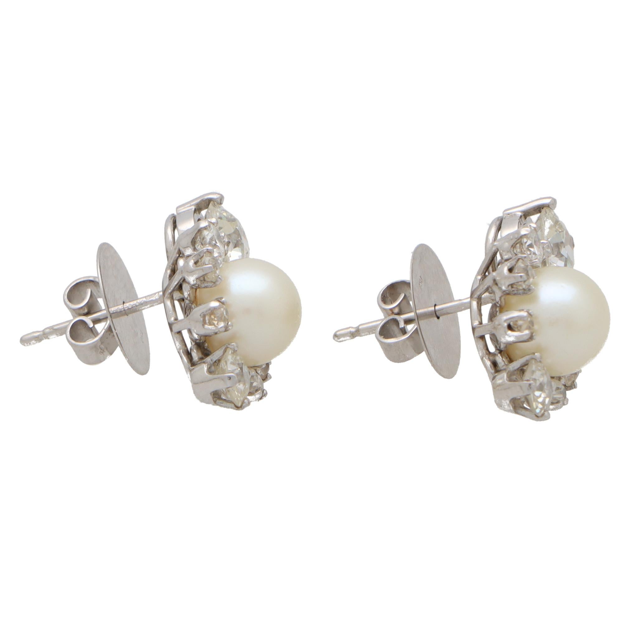 Art Deco Inspired Pearl and Old Cut Diamond Earrings Set in 18k White Gold For Sale 1