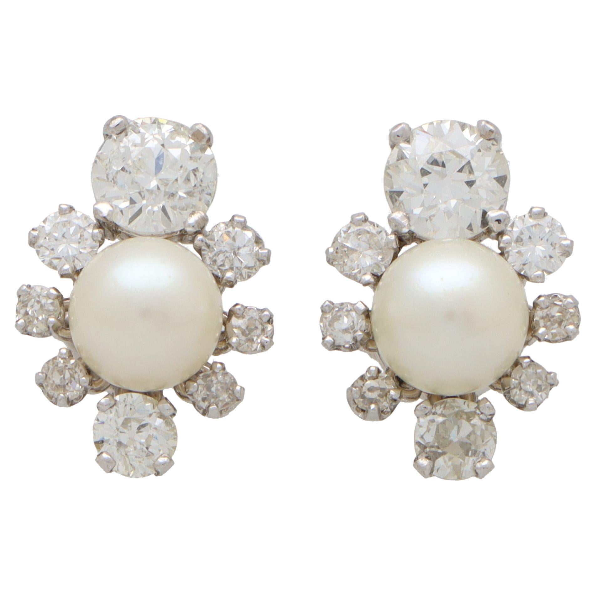 Art Deco Inspired Pearl and Old Cut Diamond Earrings Set in 18k White Gold For Sale
