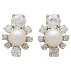 Art Deco Inspired Pearl and Old Cut Diamond Earrings Set in 18k White Gold