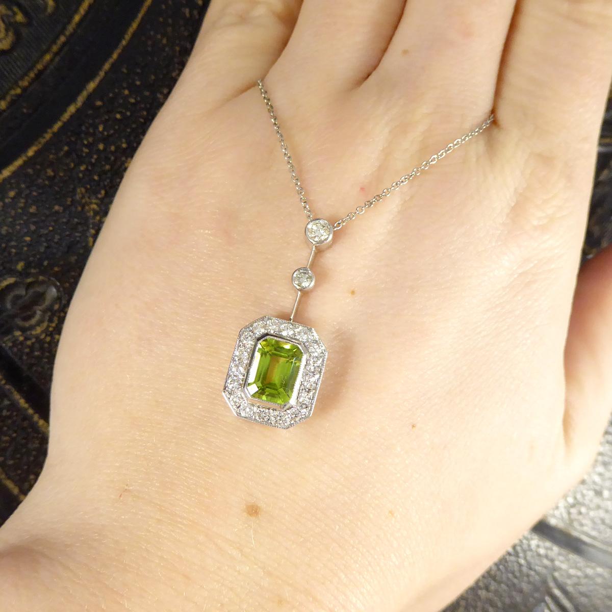 Women's or Men's Art Deco Inspired Peridot and Diamond Cluster Drop Necklace in 18ct White Gold For Sale