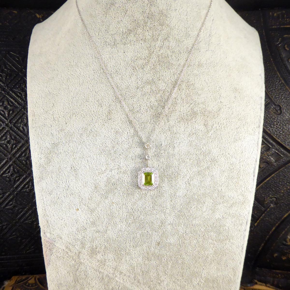 Art Deco Inspired Peridot and Diamond Cluster Drop Necklace in 18ct White Gold For Sale 1