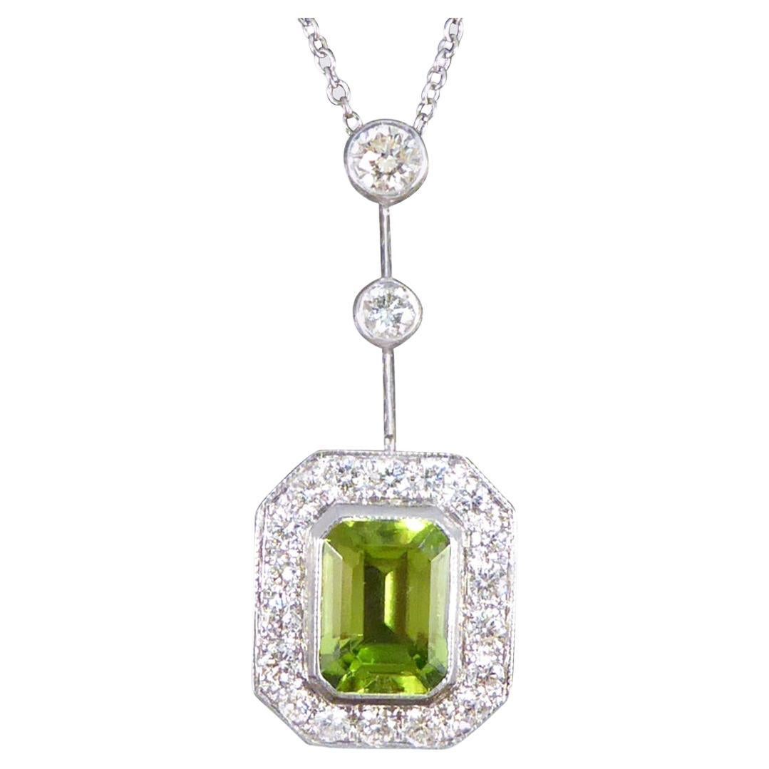 Art Deco Inspired Peridot and Diamond Cluster Drop Necklace in 18ct White Gold For Sale