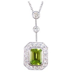 Art Deco Inspired Peridot and Diamond Cluster Drop Necklace in 18ct White Gold