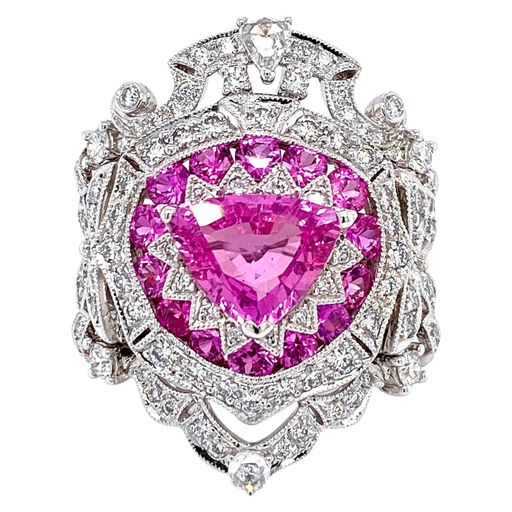 Art Deco Inspired Pink Sapphire and Diamond Ring in 18 Karat White Gold