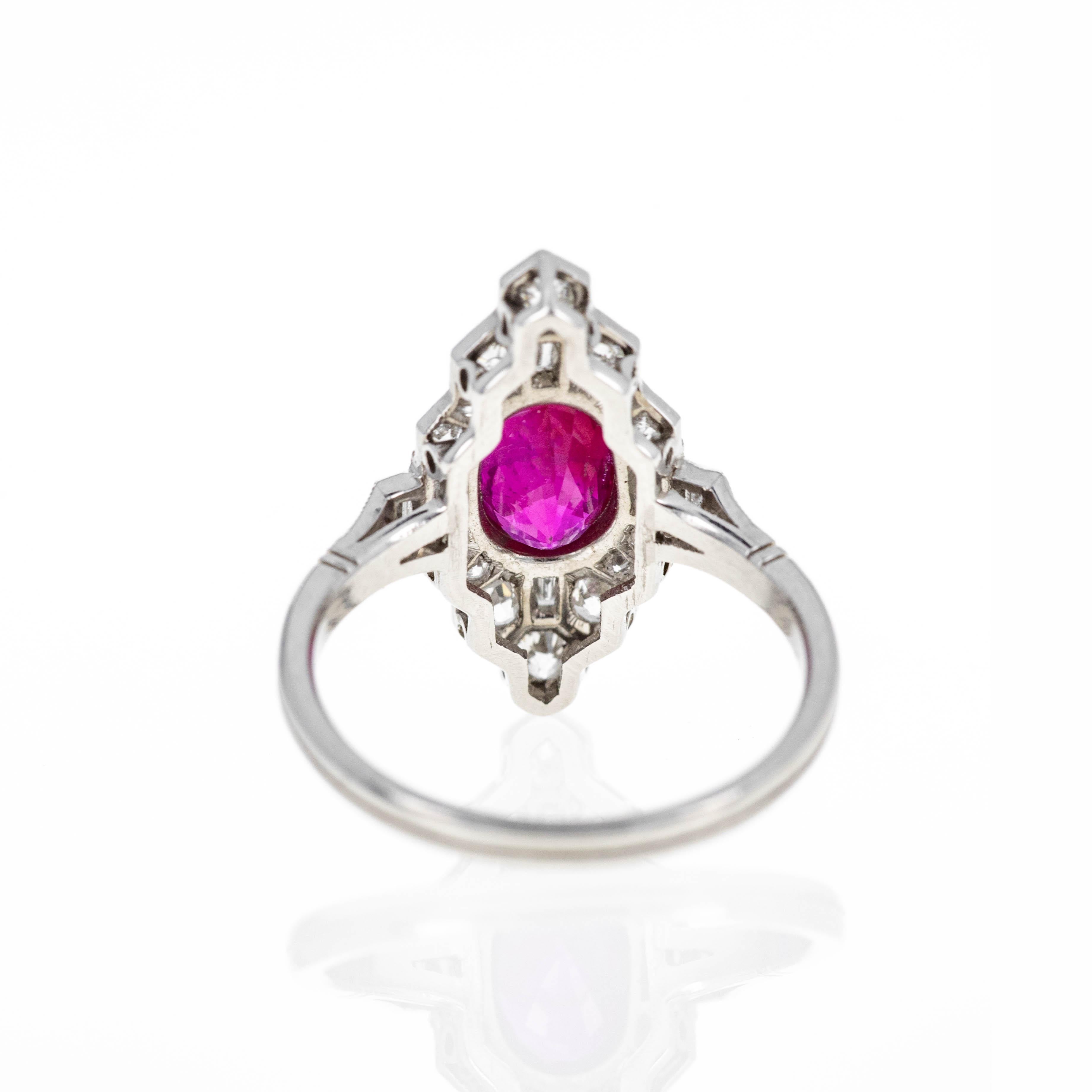 Art Deco Inspired Platinum 1.22 Carat Oval Ruby Diamond Ring In New Condition For Sale In Cape May, NJ