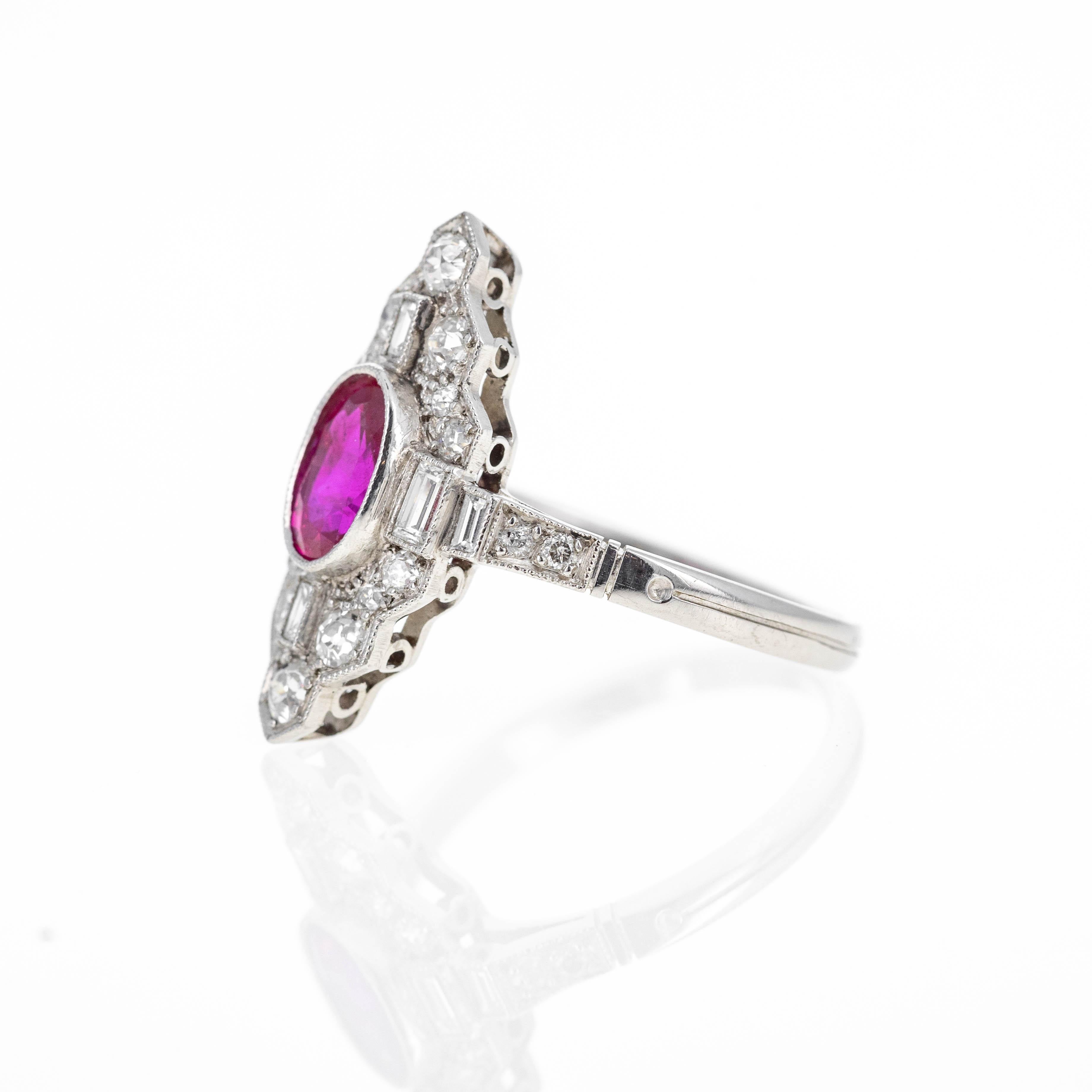Women's Art Deco Inspired Platinum 1.22 Carat Oval Ruby Diamond Ring For Sale