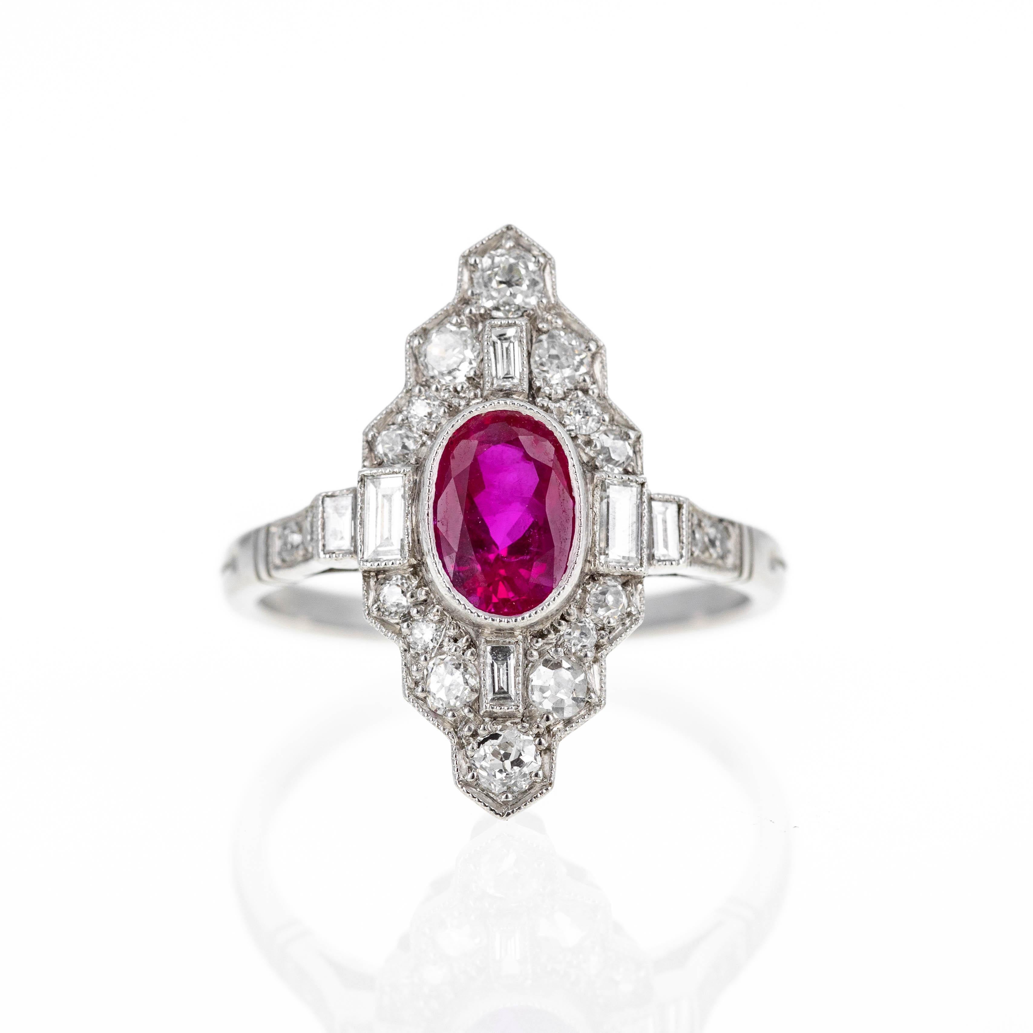 Art Deco Inspired Platinum 1.22 Carat Oval Ruby Diamond Ring For Sale 1