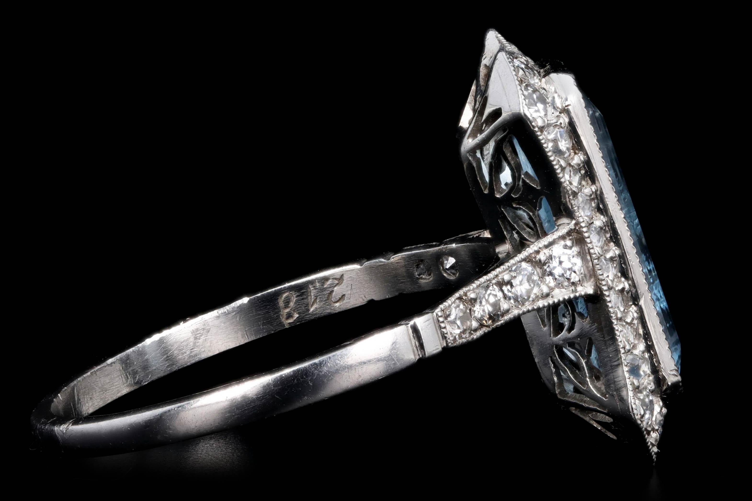 Art Deco Inspired Platinum 2.18 Carat Aquamarine & Diamond Ring In Excellent Condition For Sale In Cape May, NJ