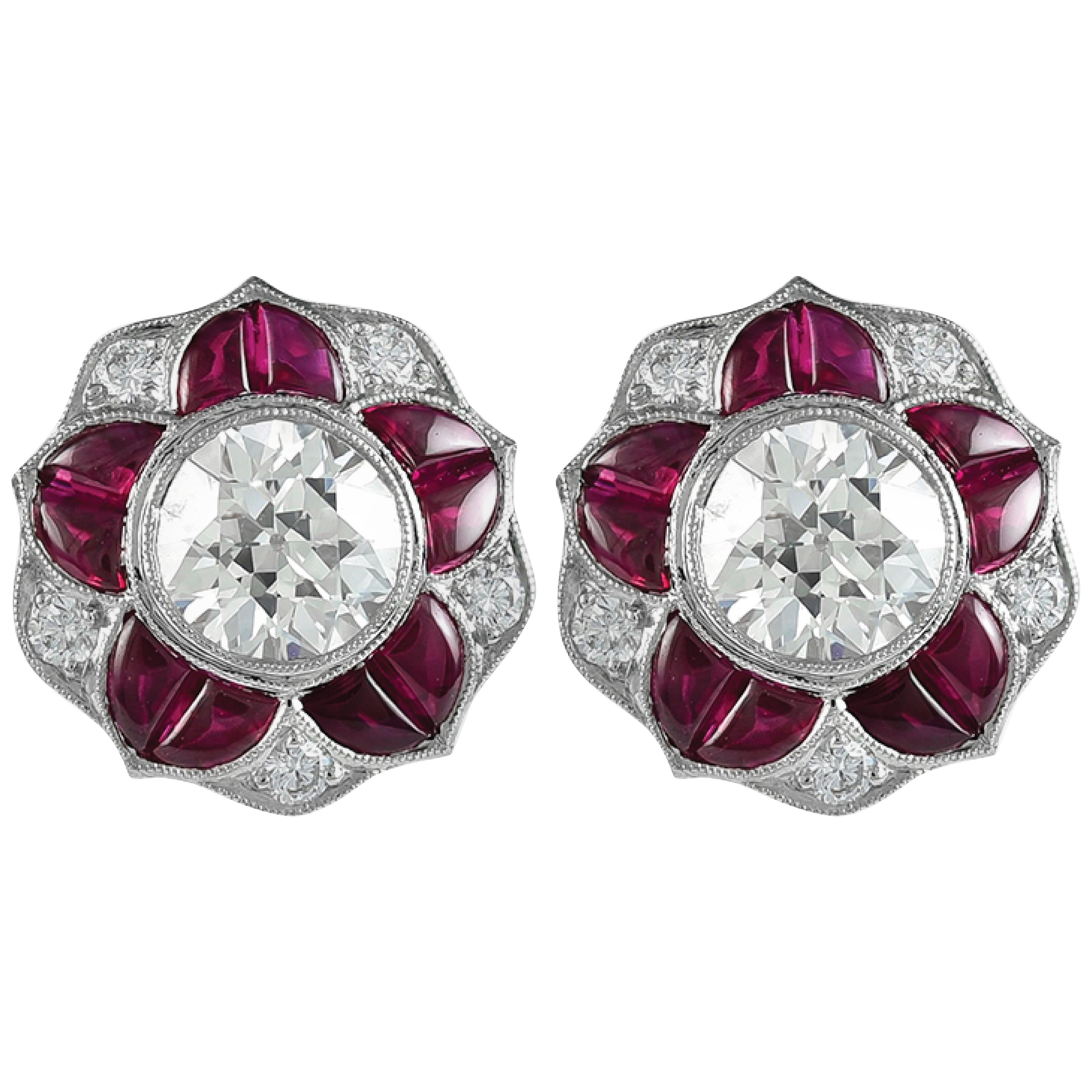 Boucles d'oreilles en platine d'inspiration Art déco avec diamants et rubis de 4,51 carats