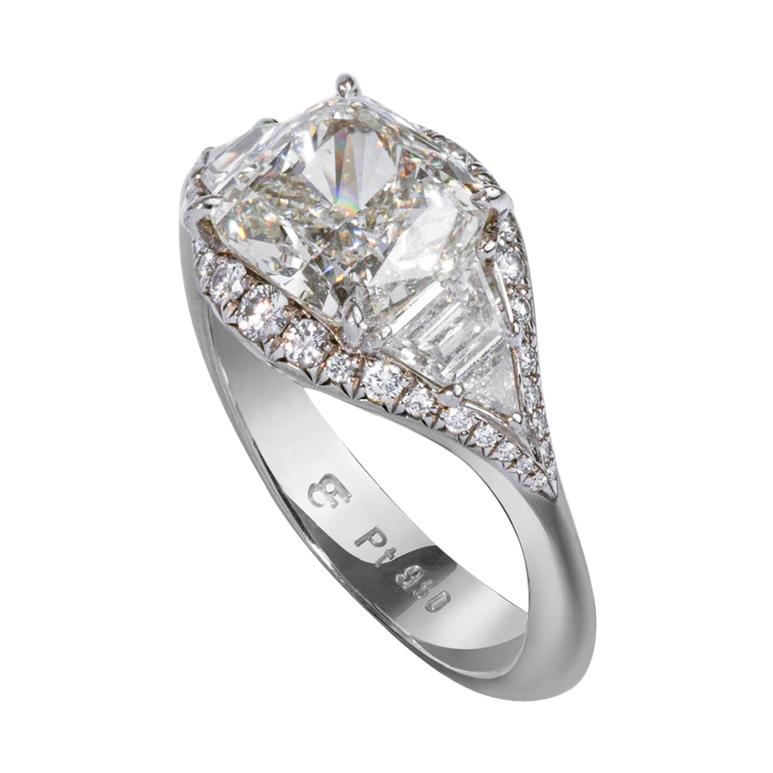 Art Deco Inspired Platinum and 2.6 Carat Cushion-Cut Engagement Ring For Sale