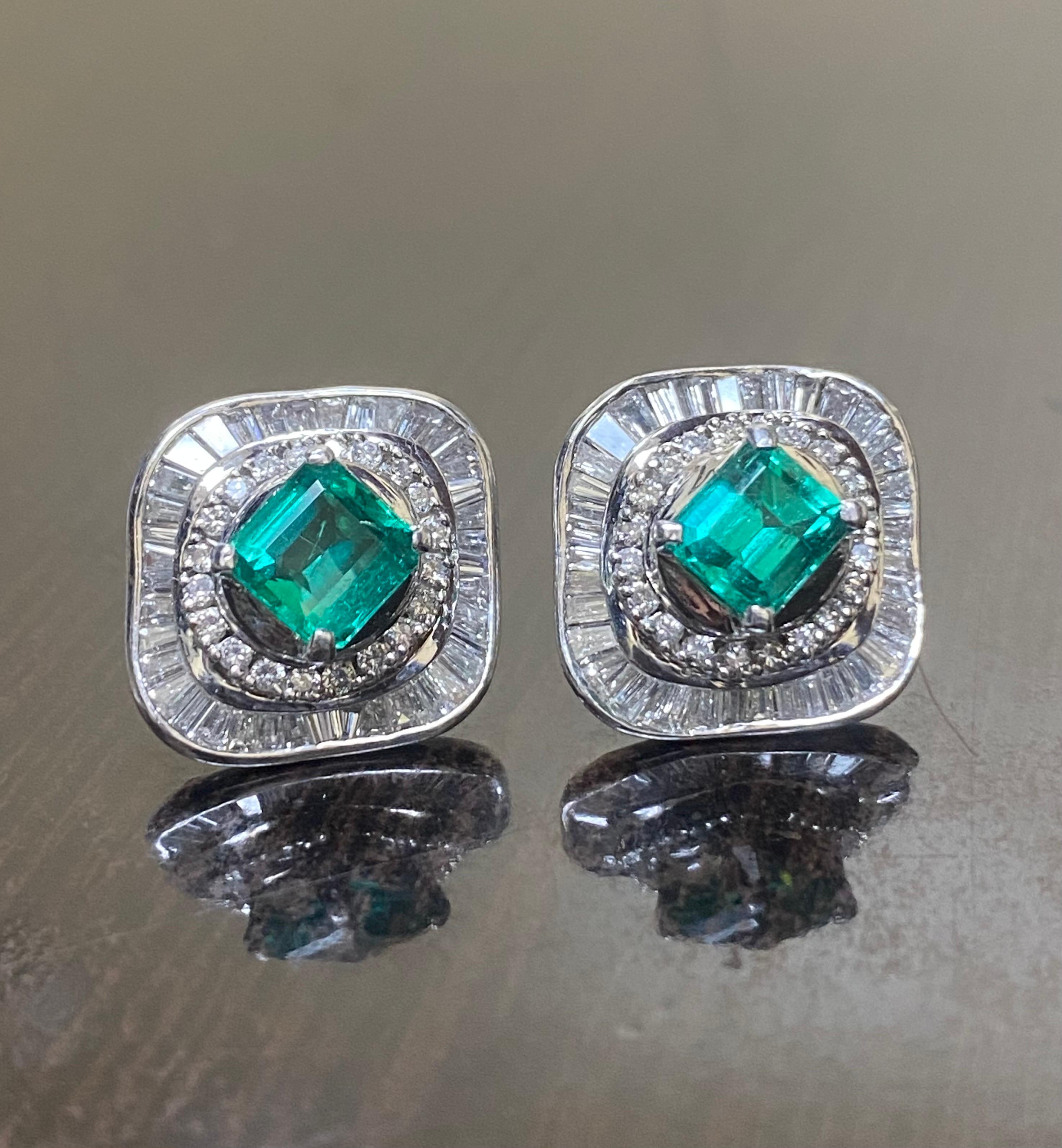 Emerald Cut Art Deco Inspired Platinum Diamond 2.51 Carat Colombian Emerald Earrings For Sale