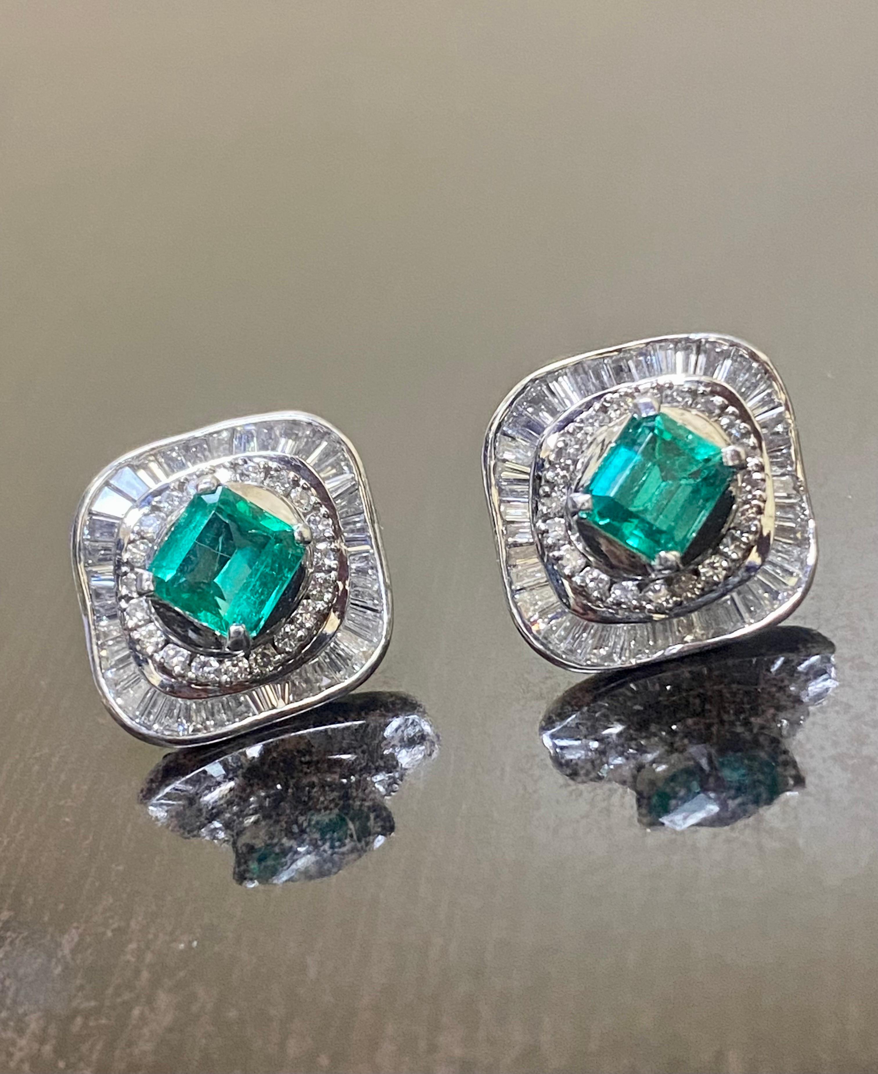 Women's or Men's Art Deco Inspired Platinum Diamond 2.51 Carat Colombian Emerald Earrings For Sale