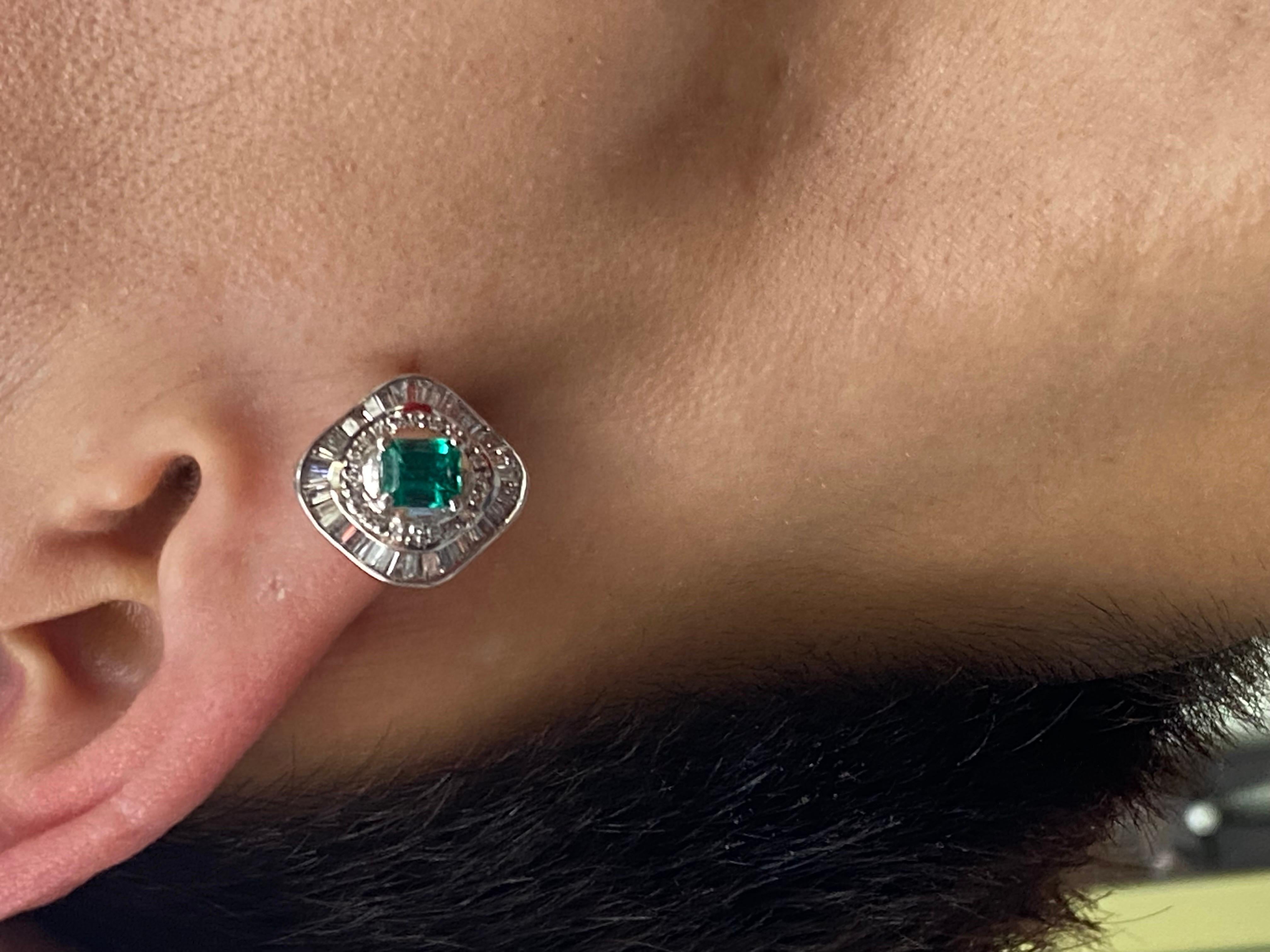 Art Deco Inspired Platinum Diamond 2.51 Carat Colombian Emerald Earrings For Sale 2