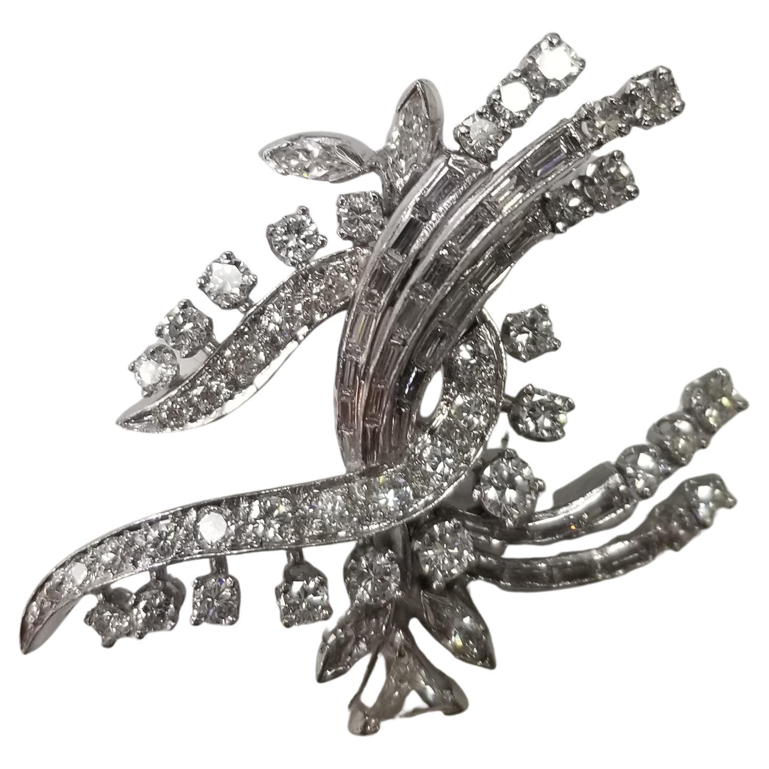 Art Deco inspired platinum diamond brooch with rounds and baguettes For Sale