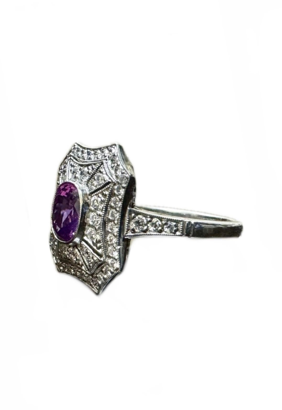 Art Deco Inspired Platinum Old Euro Diamond 1.57 Carat Oval Pink Sapphire Ring In New Condition For Sale In Los Angeles, CA
