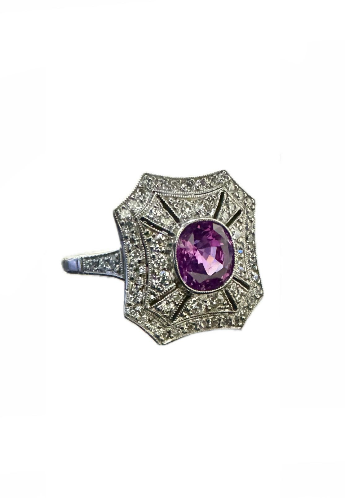 Women's Art Deco Inspired Platinum Old Euro Diamond 1.57 Carat Oval Pink Sapphire Ring For Sale