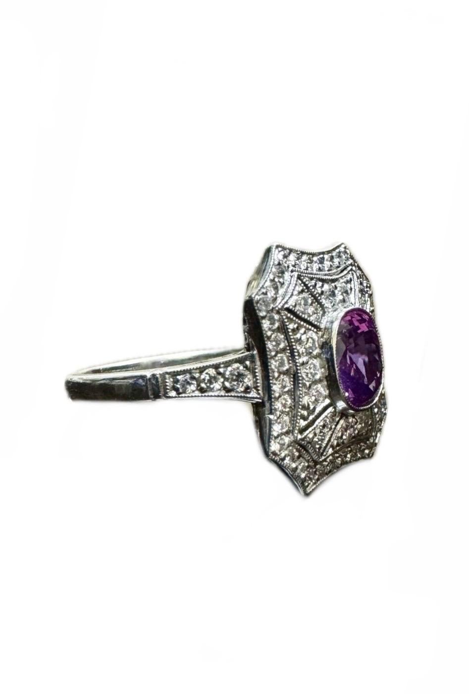 Art Deco Inspired Platinum Old Euro Diamond 1.57 Carat Oval Pink Sapphire Ring For Sale 1