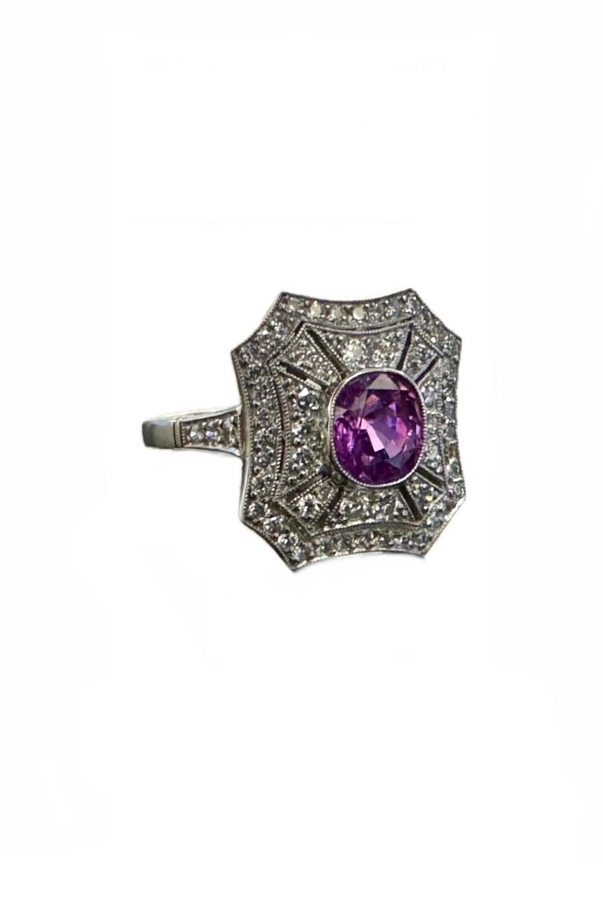 Art Deco Inspired Platinum Old Euro Diamond 1.57 Carat Oval Pink Sapphire Ring For Sale 2