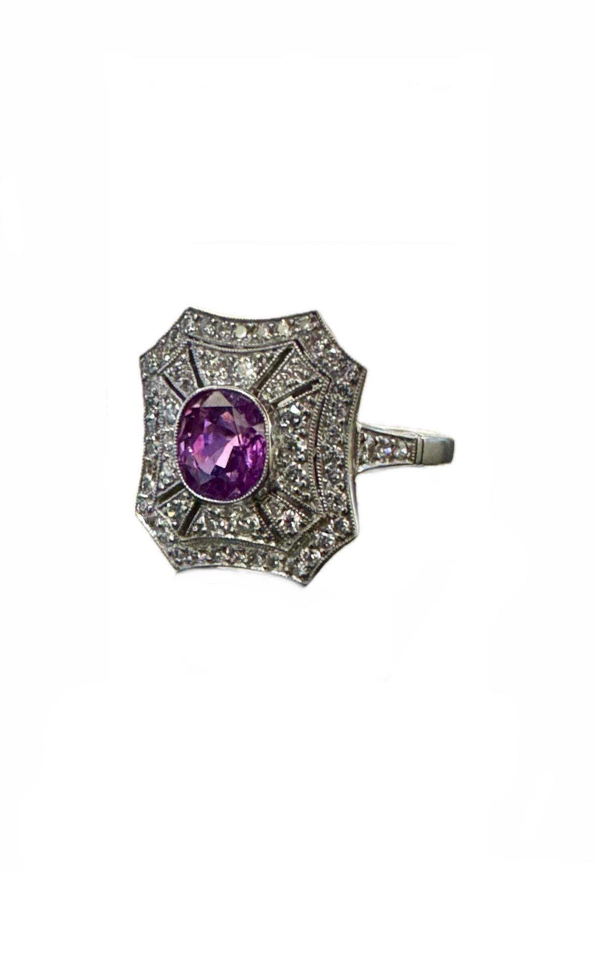 Art Deco Inspired Platinum Old Euro Diamond 1.57 Carat Oval Pink Sapphire Ring For Sale 3
