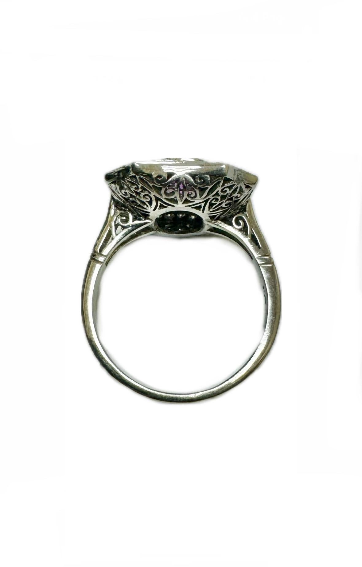 Art Deco Inspired Platinum Old Euro Diamond 1.57 Carat Oval Pink Sapphire Ring For Sale 4