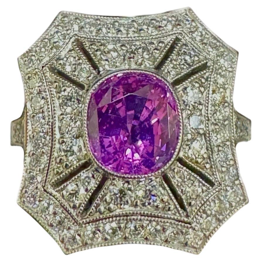 Art Deco Inspired Platinum Old Euro Diamond 1.57 Carat Oval Pink Sapphire Ring For Sale
