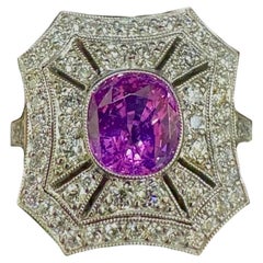 Art Deco Inspired Platinum Old Euro Diamond 1.57 Carat Oval Pink Sapphire Ring