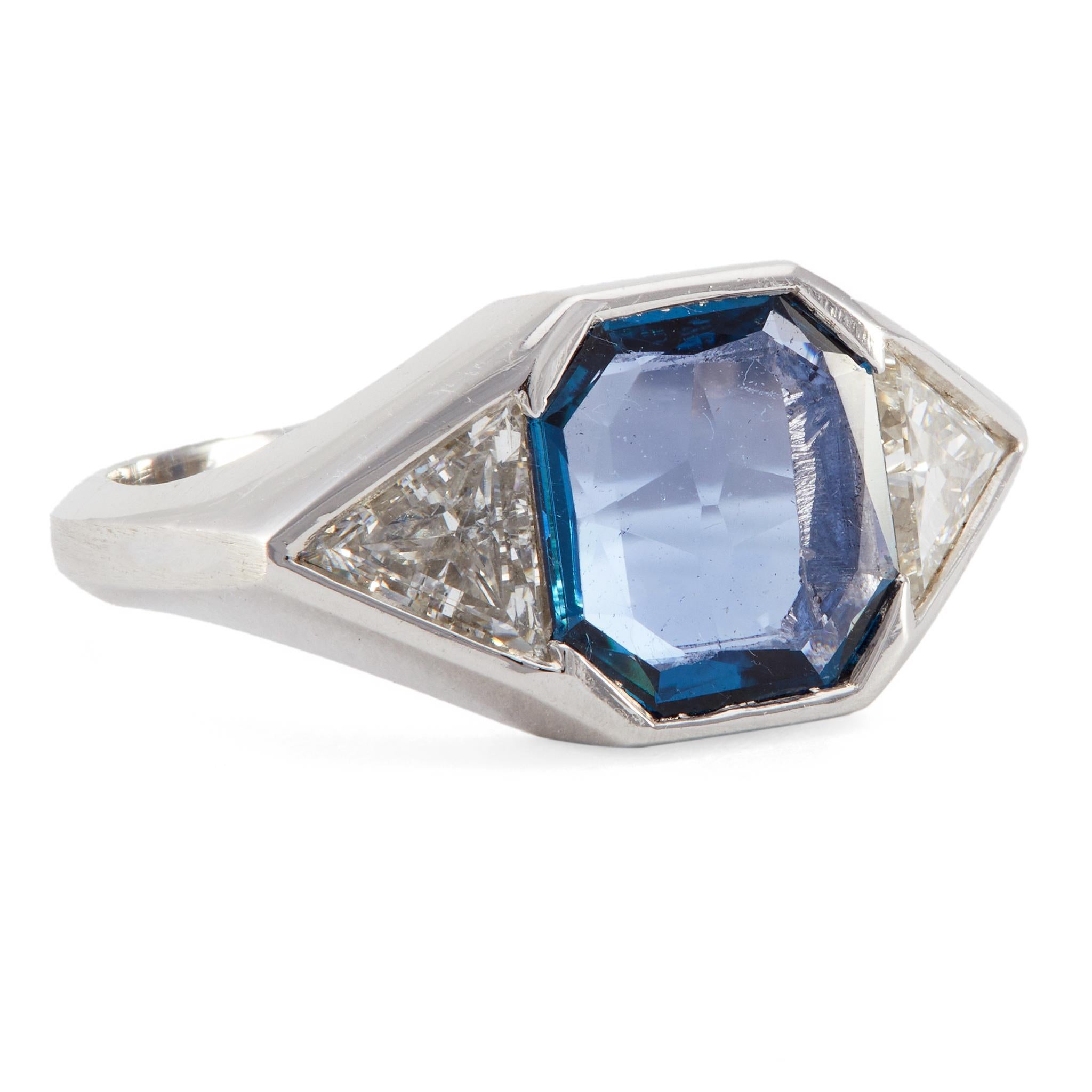 Art Deco Inspired Portrait Cut Sapphire Diamond Platinum Ring In Excellent Condition In Beverly Hills, CA