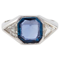 Art Deco Inspired Portrait Cut Sapphire Diamond Platinum Ring