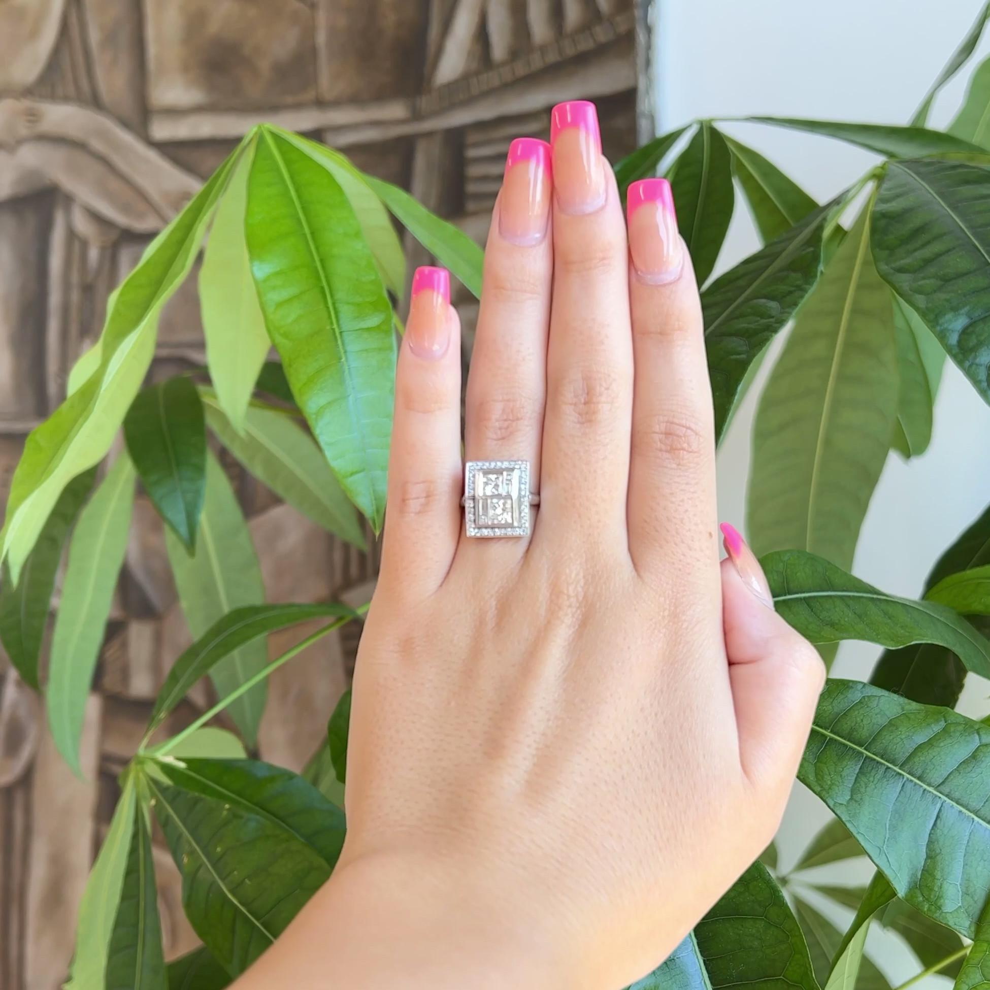 Art Deco Inspired Princess Cut Diamond Platinum Ring In Excellent Condition For Sale In Beverly Hills, CA