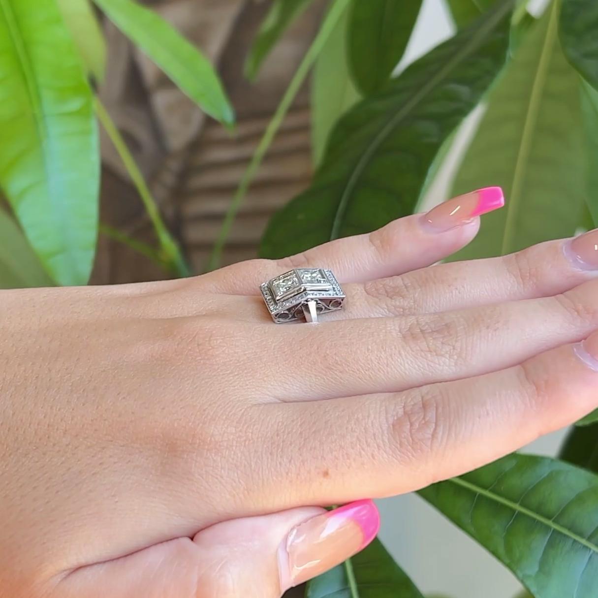 Women's or Men's Art Deco Inspired Princess Cut Diamond Platinum Ring For Sale
