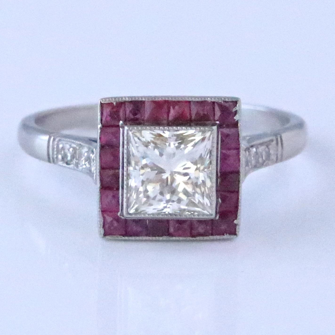 The Art Deco style never gets old! The dancing, the cocktails, the lifestyle, all the things the Roaring 20's are known for. Feel yourself like a 1920's fashionista wearing this gorgeous Art Deco Inspired Diamond Ruby Ring. The ring features a