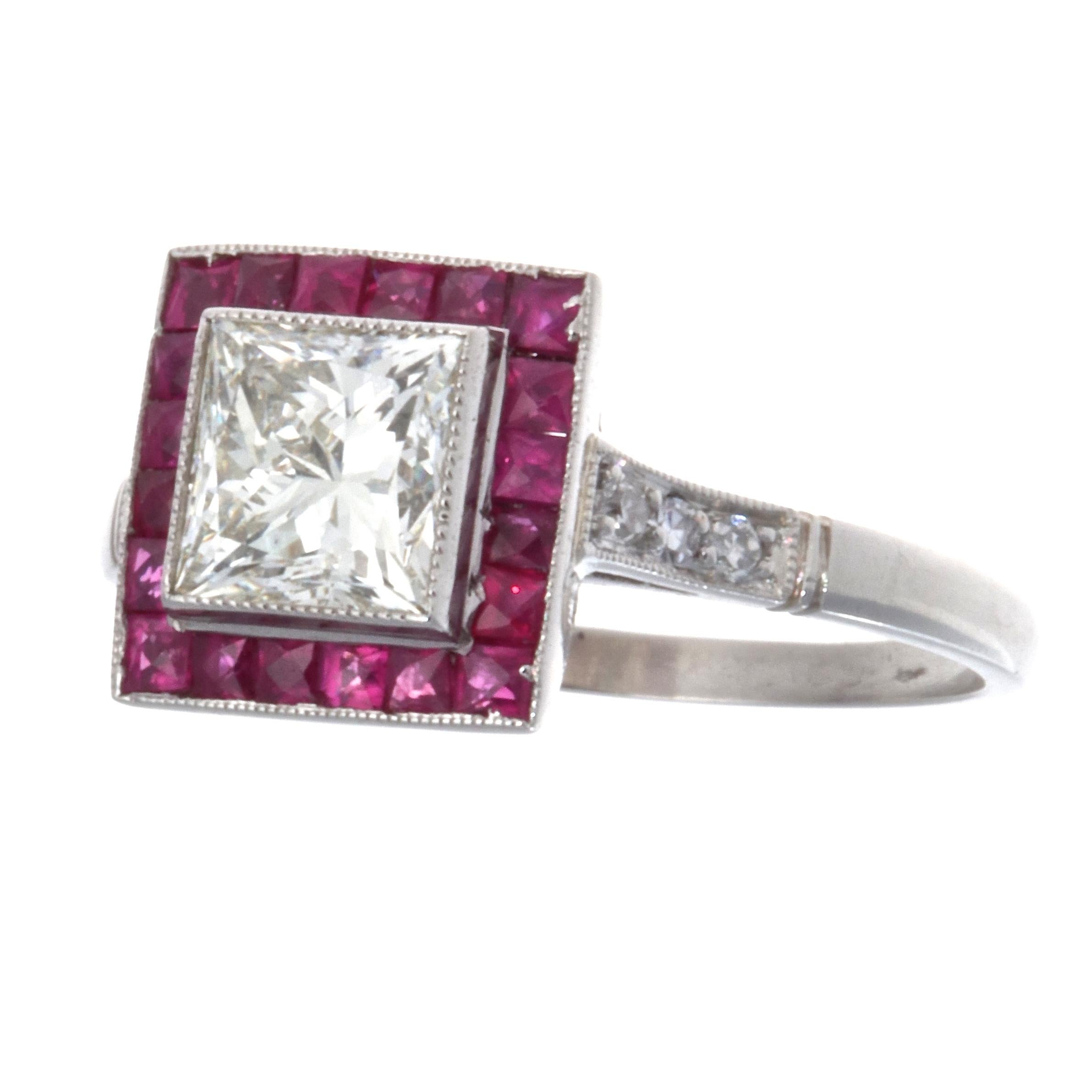 Women's Art Deco Inspired Princess Cut Diamond Ruby Platinum Ring