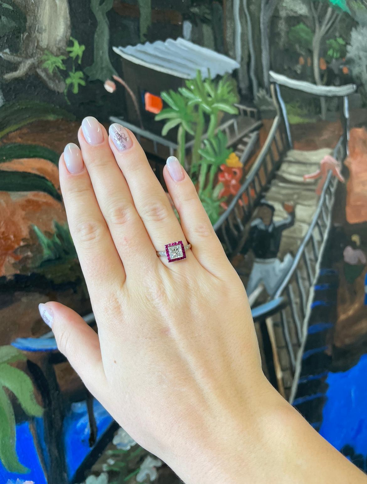 Art Deco Inspired Princess Cut Diamond Ruby Platinum Ring 1