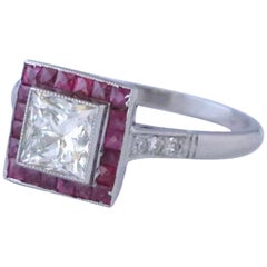 Art Deco Inspired Princess Cut Diamond Ruby Platinum Ring