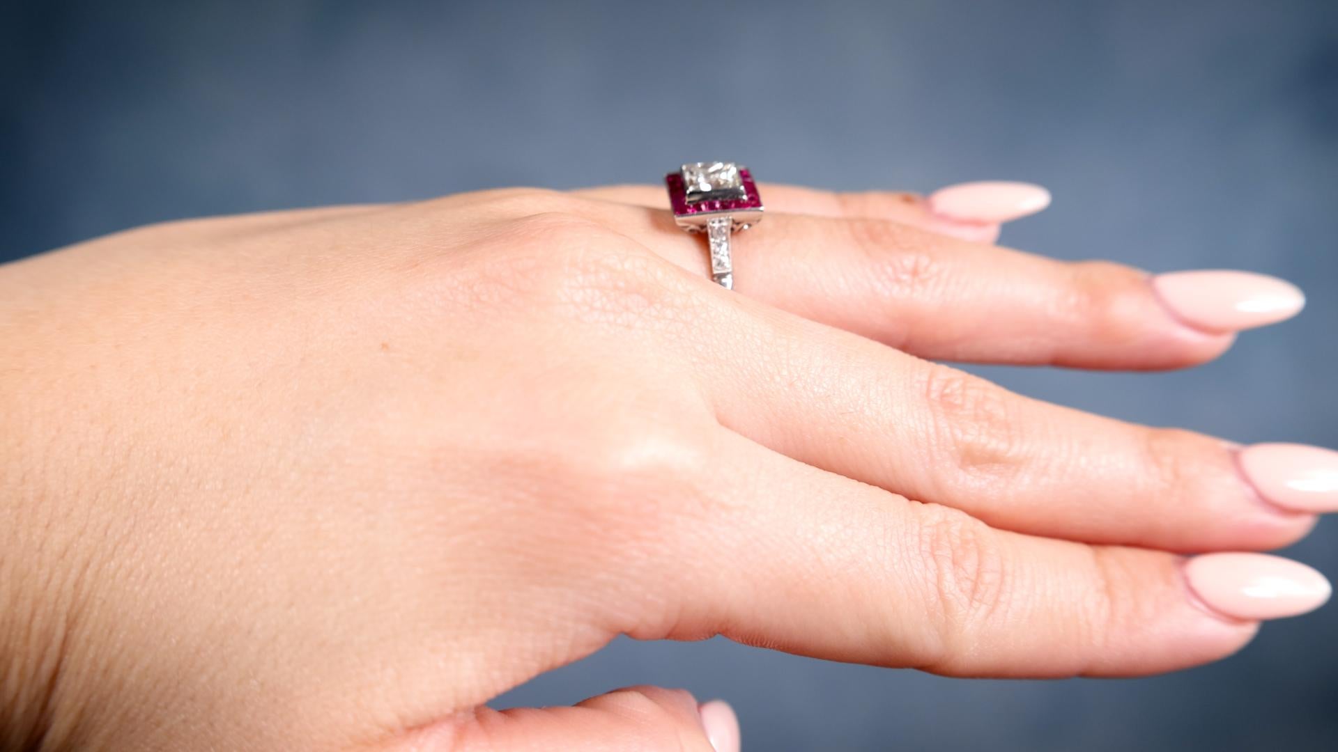 Women's or Men's Art Deco Inspired Princess Cut Diamond Ruby Platinum Target Ring For Sale