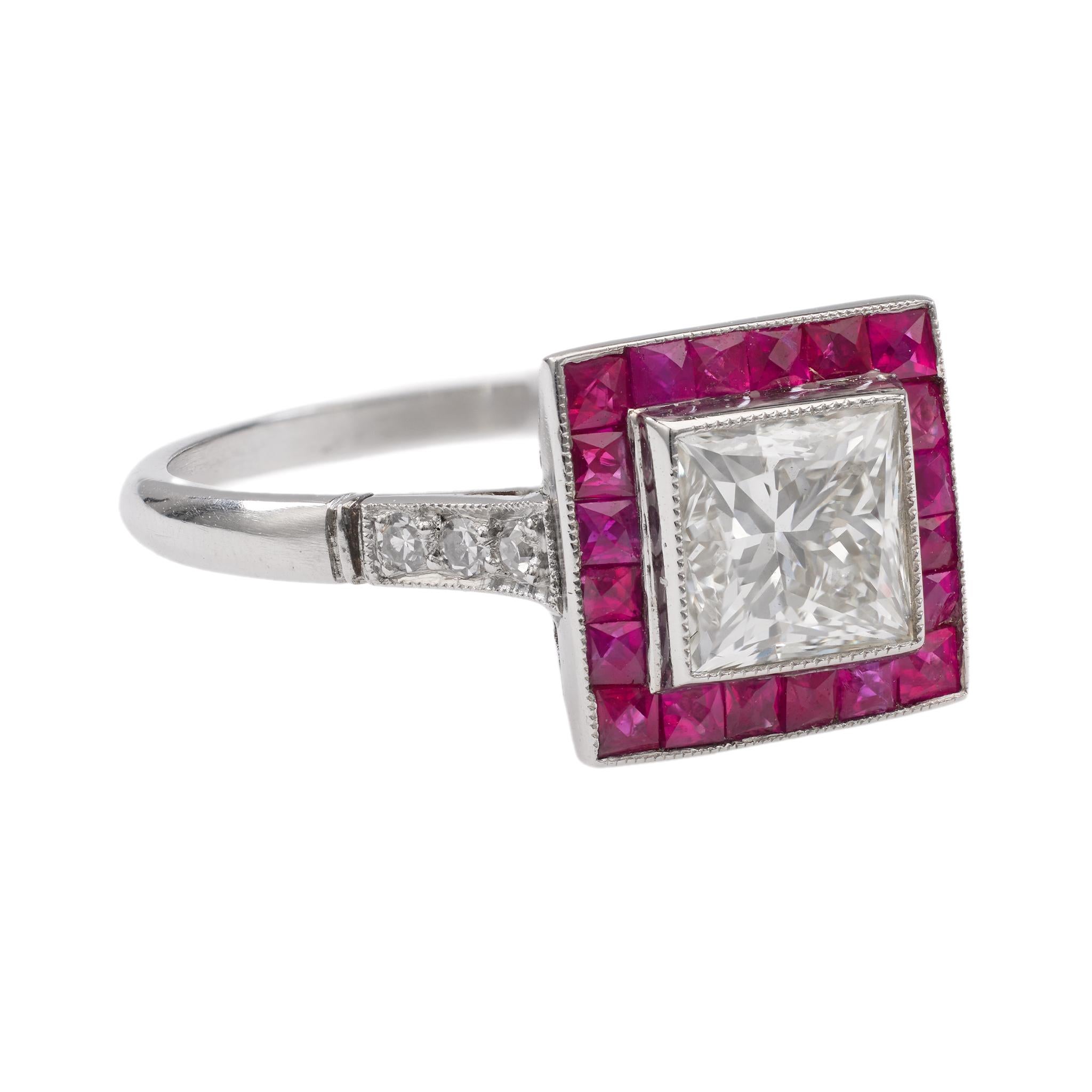 Art Deco Inspired Princess Cut Diamond Ruby Platinum Target Ring For Sale 1