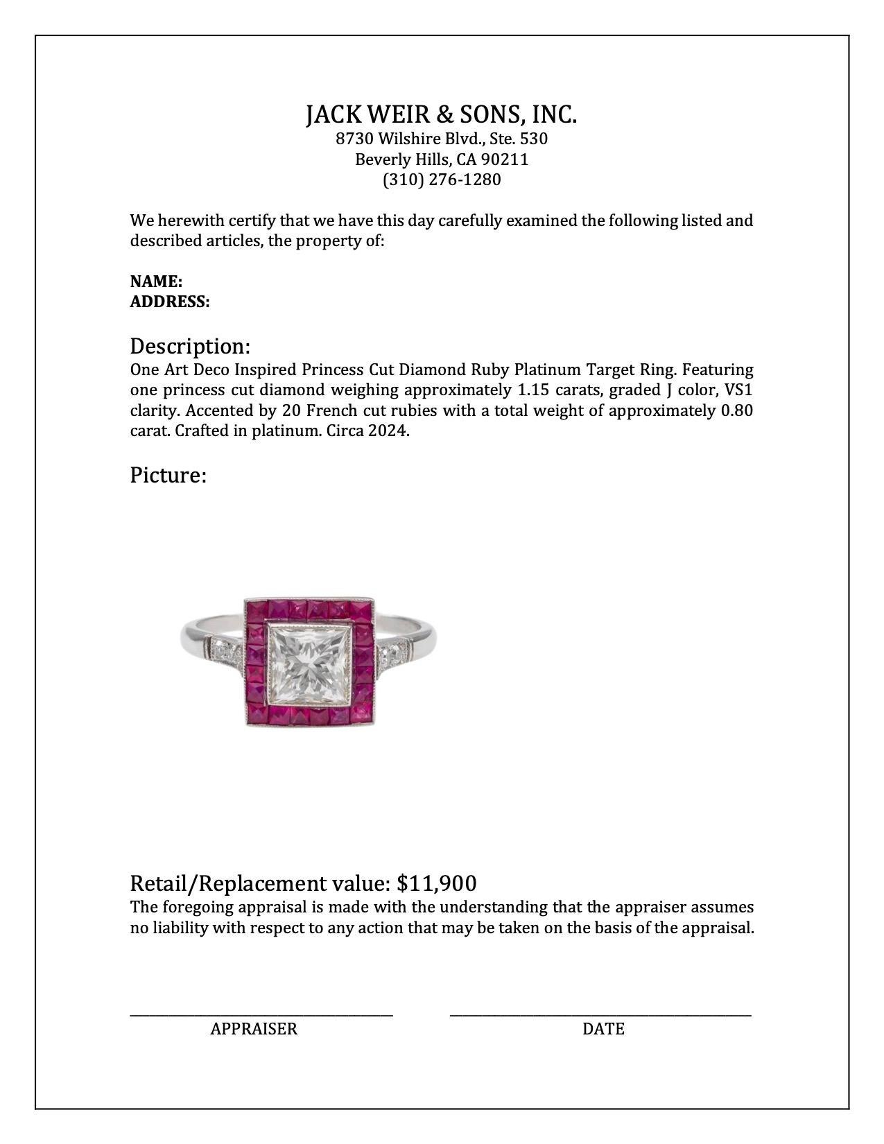 Art Deco Inspired Princess Cut Diamond Ruby Platinum Target Ring For Sale 2