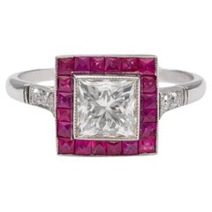 Bague d'inspiration Art Déco Princesse Diamant Rubis Platine Cible