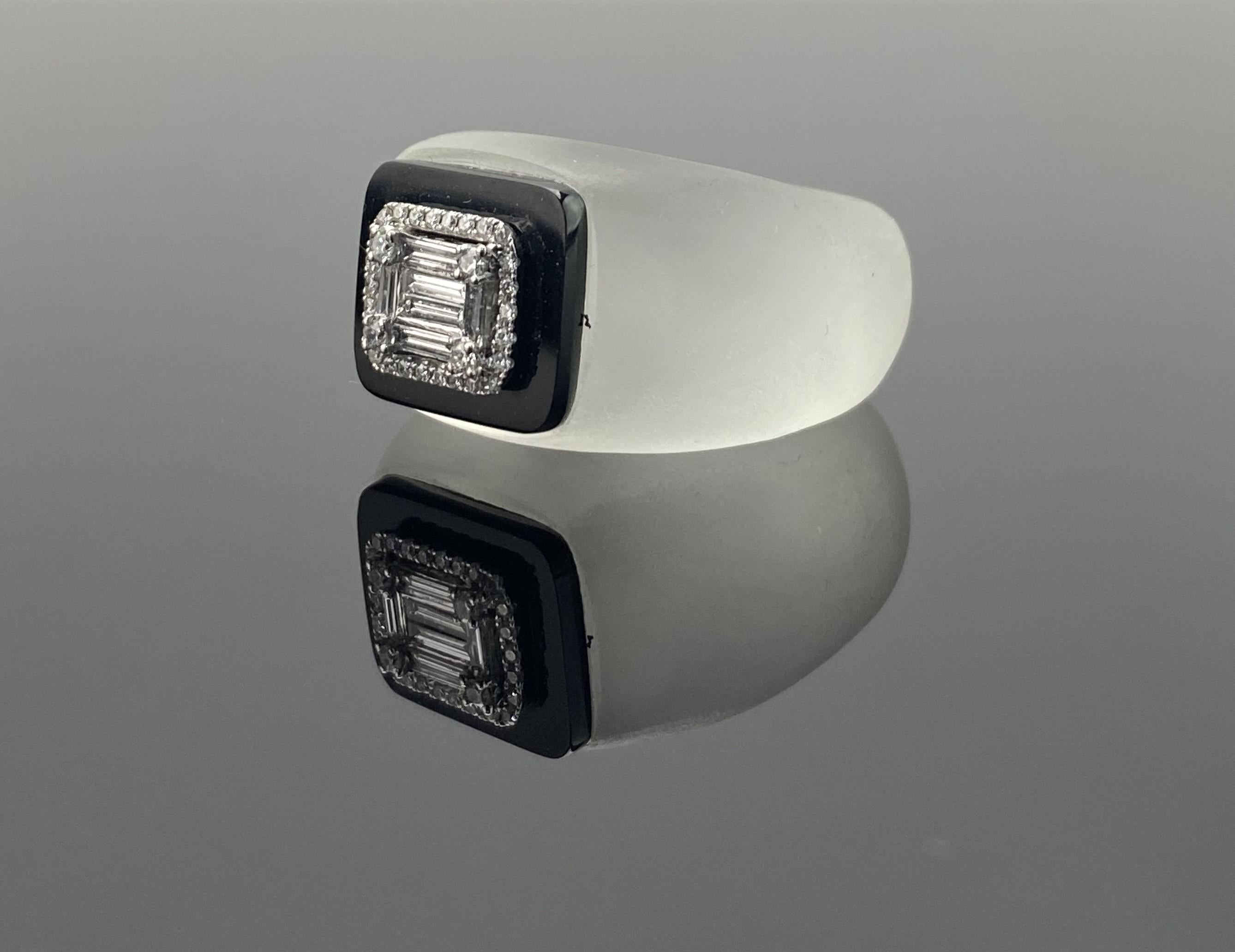 Emerald Cut Art Deco Inspired Rock Crystal, Diamond And Black Onyx Cocktail Ring For Sale