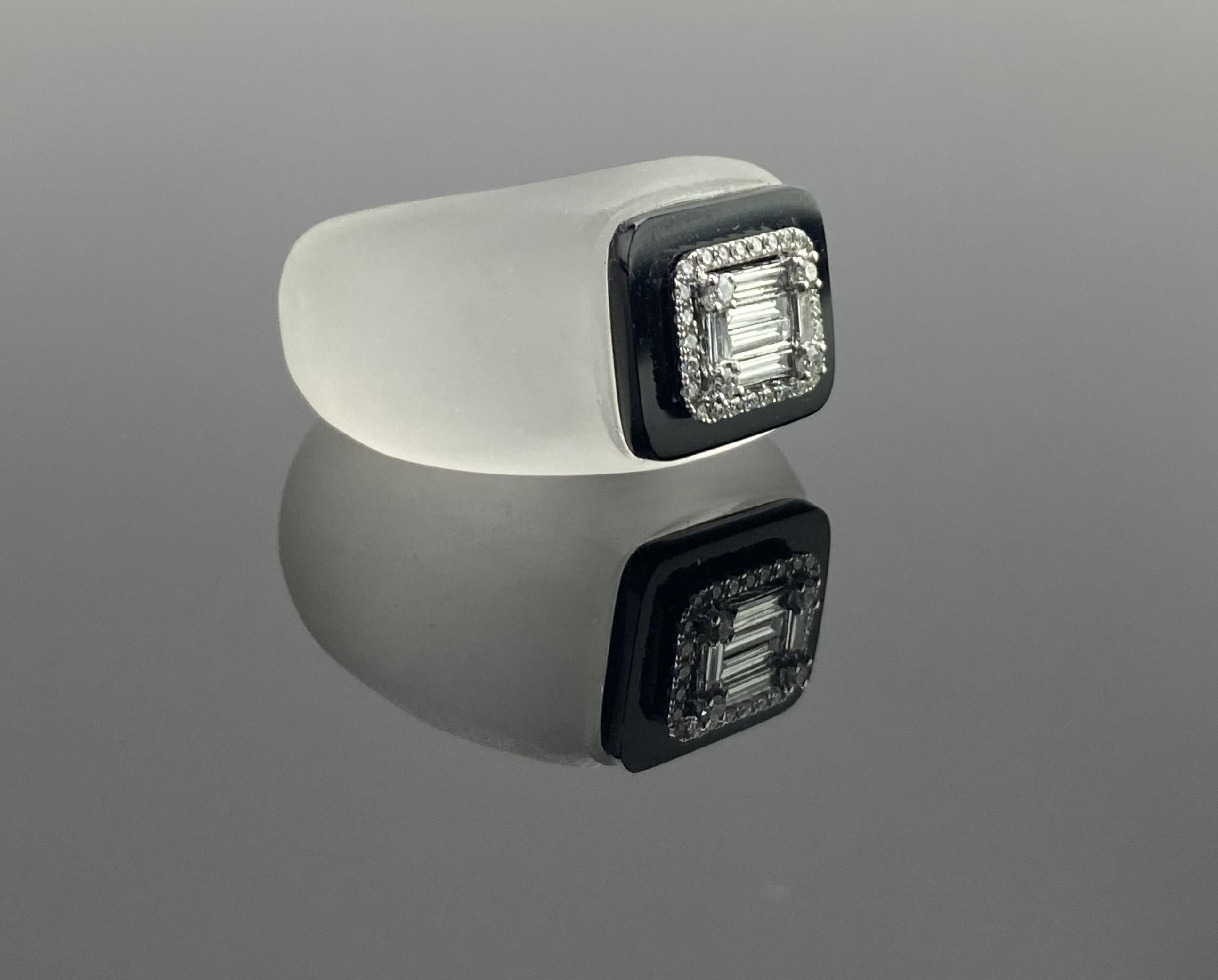 Women's or Men's Art Deco Inspired Rock Crystal, Diamond And Black Onyx Cocktail Ring For Sale