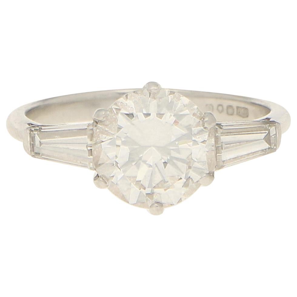 Art Deco Inspired Round and Baguette Cut Diamond Engagement Ring Set in Platinum