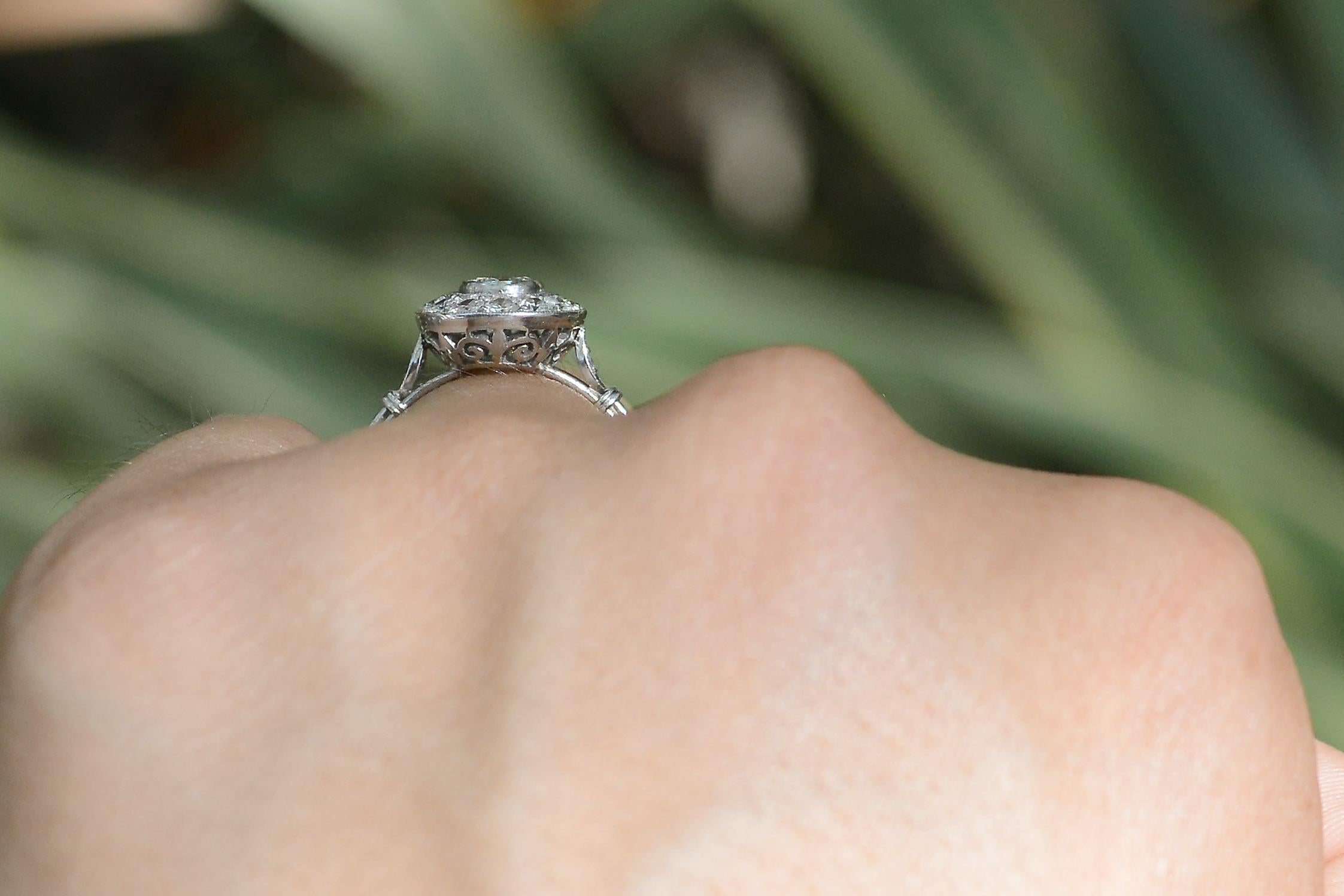 Art Deco Inspired Round Bezel Diamond Platinum Cluster Engagement Ring In New Condition In Santa Barbara, CA