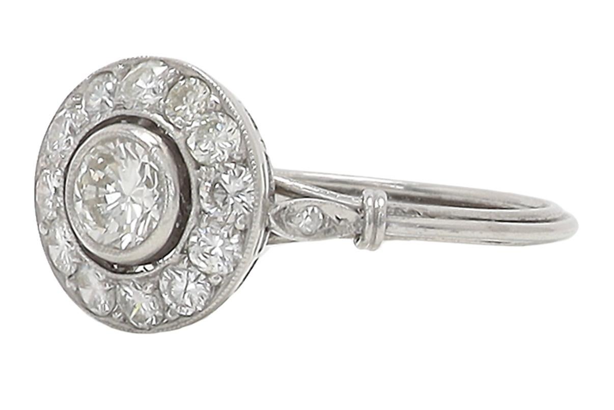 Women's Art Deco Inspired Round Bezel Diamond Platinum Cluster Engagement Ring