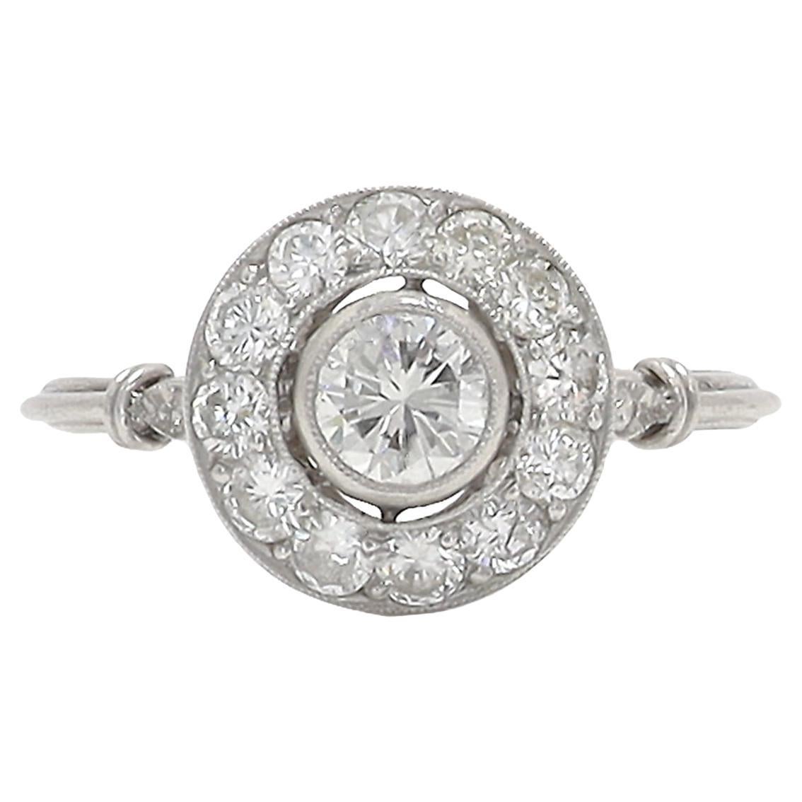 Art Deco Inspired Round Bezel Diamond Platinum Cluster Engagement Ring
